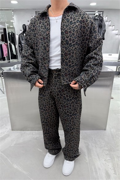 Haki Premium Dokuma Leopar Desenli Takım