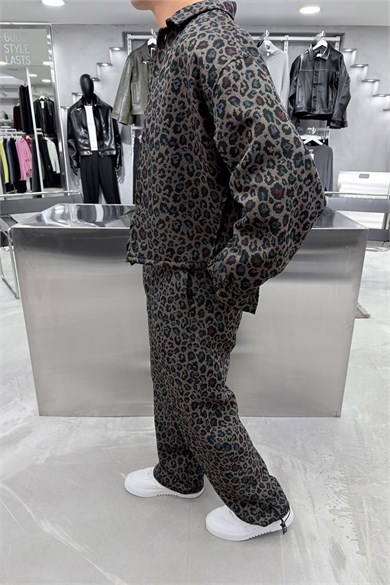 Haki Premium Dokuma Leopar Desenli Takım