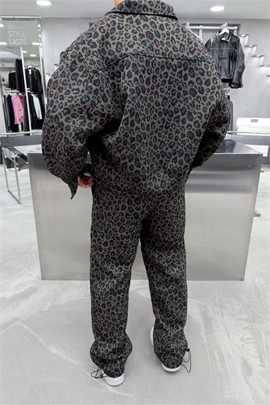 Haki Premium Dokuma Leopar Desenli Takım