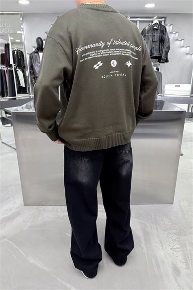 Haki South Baskılı Oversize Kazak