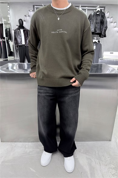 Haki South Baskılı Oversize Kazak