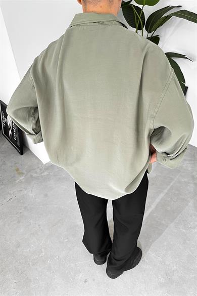 Haki Tensel Nakış Detay Oversize Gömlek