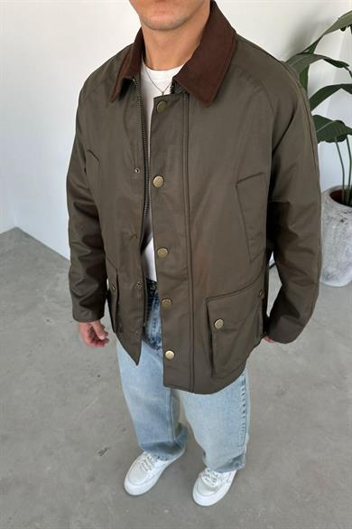 Haki Waxed Çıt Çıt Cep Detay Oversize Ceket