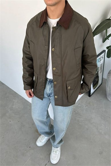 Haki Waxed Çıt Çıt Cep Detay Oversize Ceket