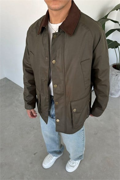 Haki Waxed Çıt Çıt Cep Detay Oversize Ceket