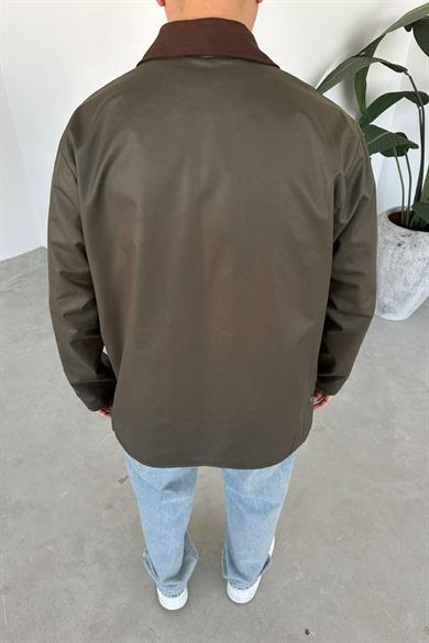 Haki Waxed Çıt Çıt Cep Detay Oversize Ceket