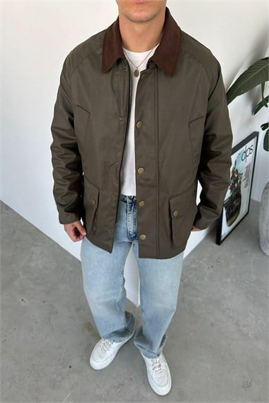 Haki Waxed Çıt Çıt Cep Detay Oversize Ceket