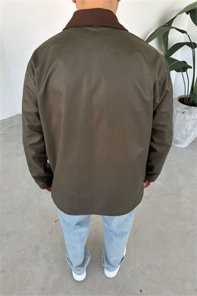 Haki Waxed Çıt Çıt Cep Detay Oversize Ceket