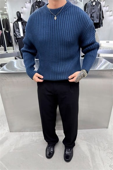 İndigo Bisiklet Yaka Fitilli Oversize Triko Kazak
