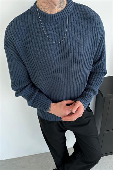 İndigo Bisiklet Yaka Fitilli Oversize Triko Kazak
