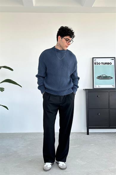 İndigo Bisiklet Yaka Fitilli Oversize Triko Kazak
