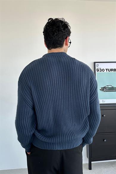 İndigo Bisiklet Yaka Fitilli Oversize Triko Kazak