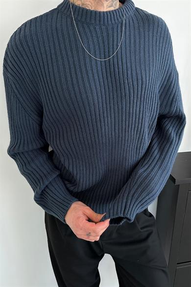İndigo Bisiklet Yaka Fitilli Oversize Triko Kazak