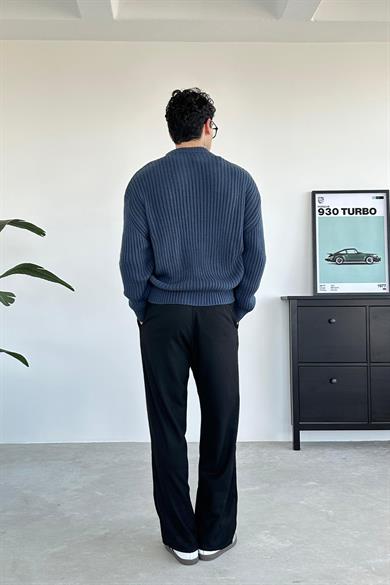 İndigo Bisiklet Yaka Fitilli Oversize Triko Kazak