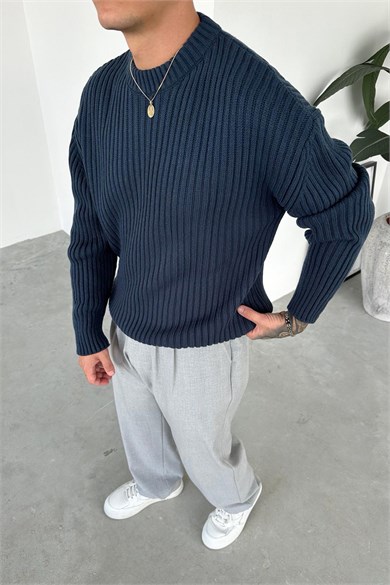 İndigo Bisiklet Yaka Fitilli Oversize Triko Kazak