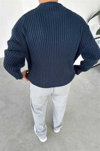 İndigo Bisiklet Yaka Fitilli Oversize Triko Kazak