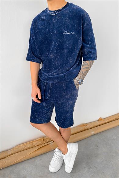 İndigo İnce Fitilli Batik Nakış Detay Oversize Tişört
