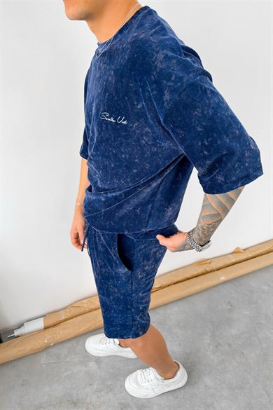 İndigo İnce Fitilli Batik Nakış Detay Oversize Tişört