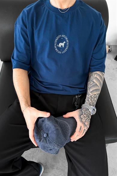 İndigo Minimal Tiger Baskılı Oversize Tişört