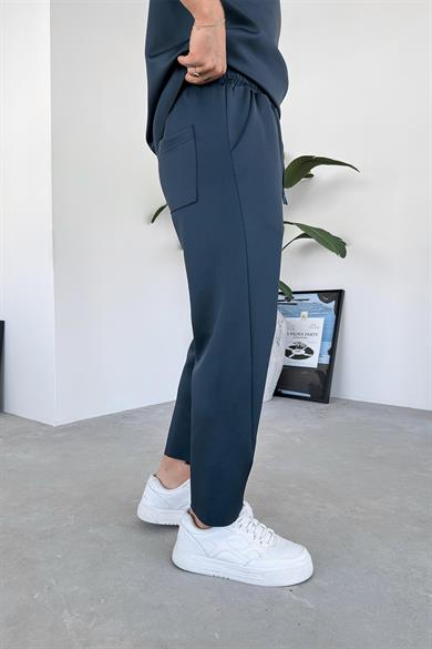 İndigo Patch Detay Likralı Boyfriend Pantolon