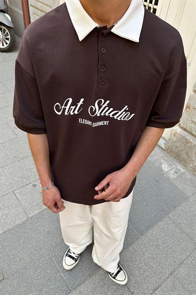 Kahverengi Art Garment EE Oversize Polo Yaka Tişört