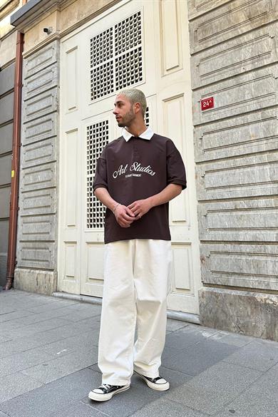 Kahverengi Art Garment EE Oversize Polo Yaka Tişört