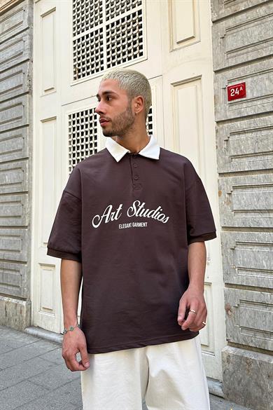 Kahverengi Art Garment EE Oversize Polo Yaka Tişört
