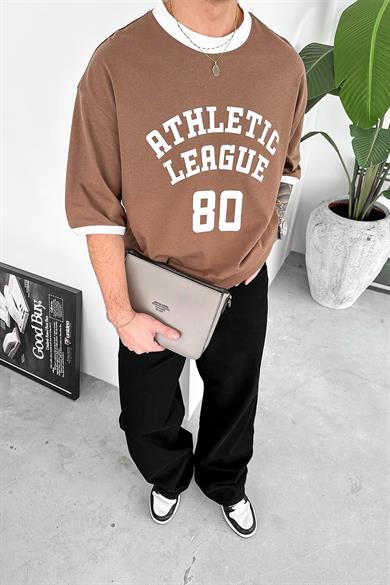Kahverengi Atletic 80 Baskılı Oversize Tişört