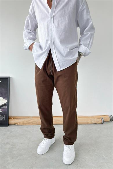 Kahverengi Baggy Keten Pantolon
