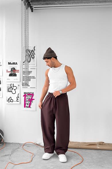 Kahverengi Basic Beli Lastikli Baggy Kumaş Pantolon