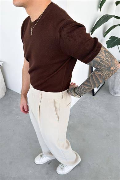 Kahverengi Basic Bisiklet Yaka Triko Relaxed Tişört