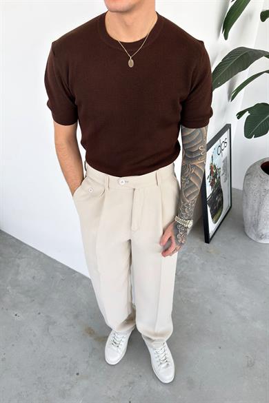 Kahverengi Basic Bisiklet Yaka Triko Relaxed Tişört