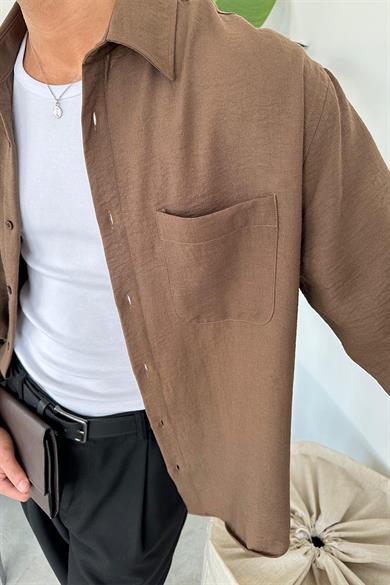 Kahverengi Basic Ön Cep Detay Oversize Gömlek