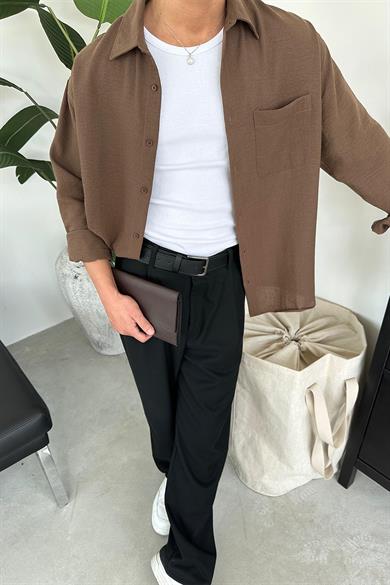 Kahverengi Basic Ön Cep Detay Oversize Gömlek