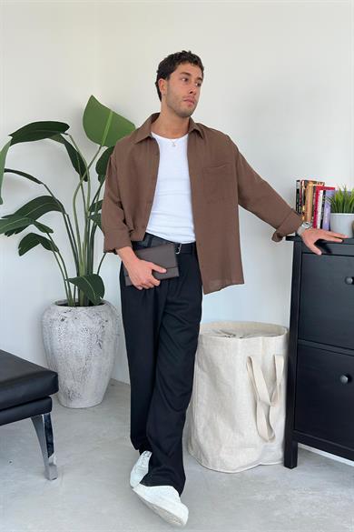 Kahverengi Basic Ön Cep Detay Oversize Gömlek