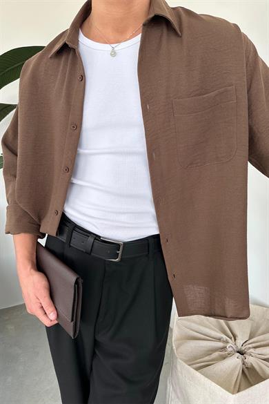 Kahverengi Basic Ön Cep Detay Oversize Gömlek