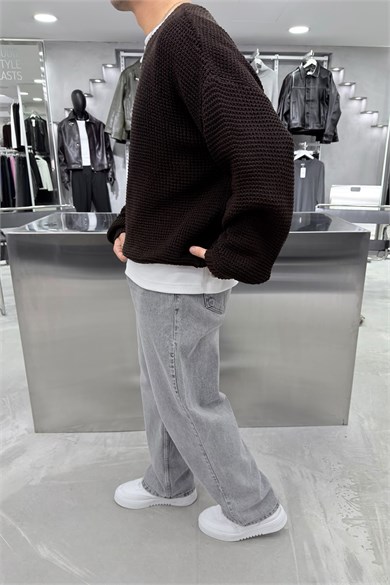 Kahverengi Basic Örgülü Oversize Triko Kazak