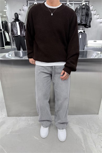 Kahverengi Basic Örgülü Oversize Triko Kazak