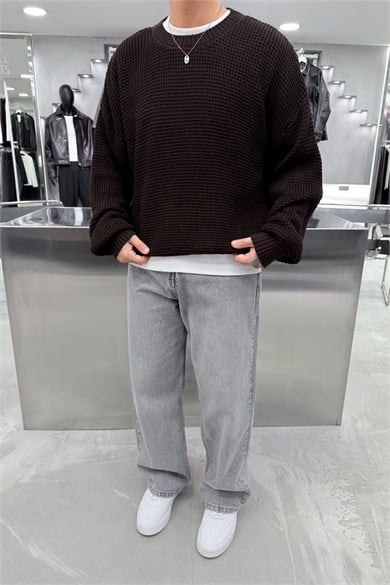 Kahverengi Basic Örgülü Oversize Triko Kazak