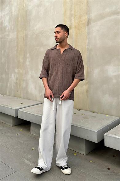 Kahverengi Basic Örme Triko GO Polo Yaka Oversize Tişört