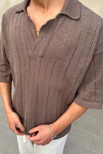 Kahverengi Basic Örme Triko GO Polo Yaka Oversize Tişört