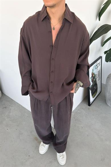Kahverengi Basic Oversize Modal Gömlek