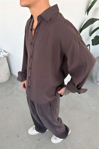 Kahverengi Basic Oversize Modal Gömlek