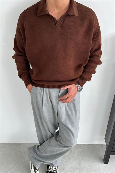 Kahverengi Basic Polo Yaka Triko Kazak