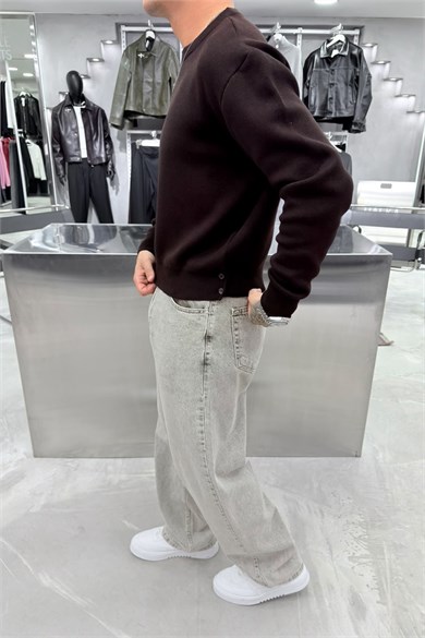 Kahverengi Basic Premium Düğme Detaylı Boxy Fit Kazak