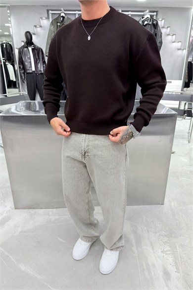 Kahverengi Basic Premium Düğme Detaylı Boxy Fit Kazak