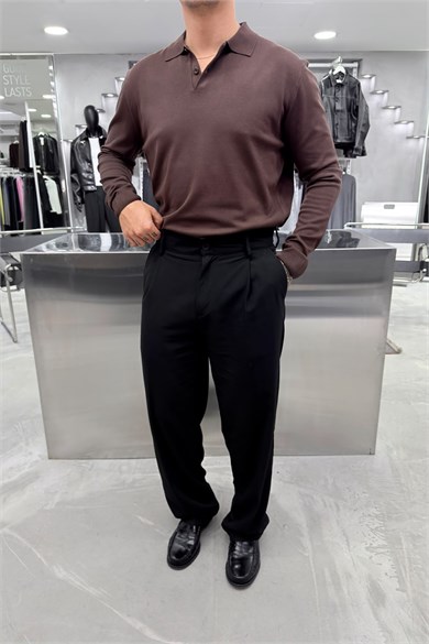 Kahverengi Basic Premium Oversize Polo Yaka Tişört