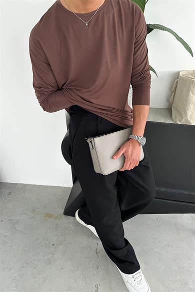 Kahverengi Basic Soft Likralı Relax Fit Uzun Kollu Tişört