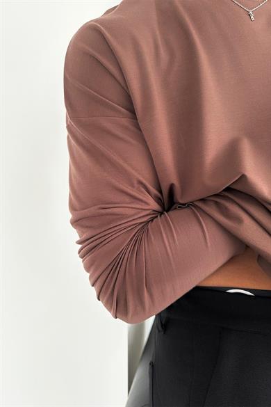 Kahverengi Basic Soft Likralı Relax Fit Uzun Kollu Tişört
