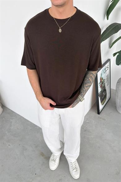 Kahverengi Basic Soft Likralı Relaxed Triko Tişört